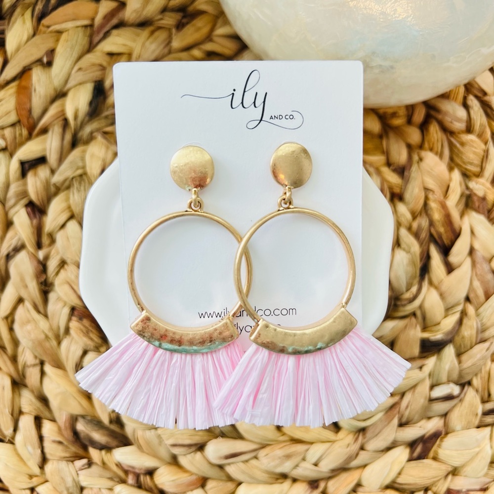 New Light Pink Raffia Fringe Dangle Earrings | Worn Gold Accents | Boutique
